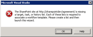 Рис.1. Ошибка добавления рабочего процесса в Visual Studio 2010
