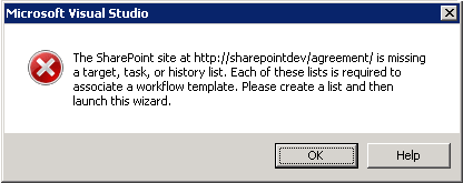 Рис.1. Ошибка добавления рабочего процесса в Visual Studio 2010