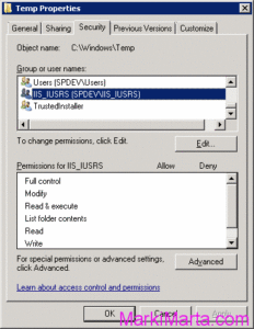 Figure 1. IIS_IUSRS doesn't have permissions