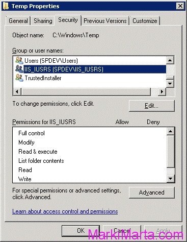 Figure 1. IIS_IUSRS doesn't have permissions