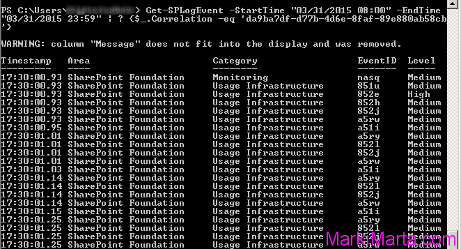 Figure 2. The result of command Get-SPLogEvent
