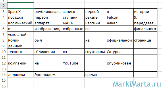 Рисунок 1. Таблица Excel с пустыми ячейками