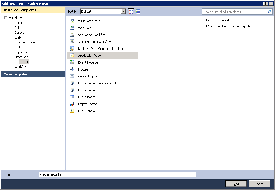 Figure 1. Add Generic handler via Application page template