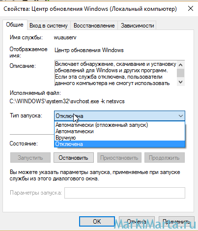 Рис.3. Отключение службы обновления Windows